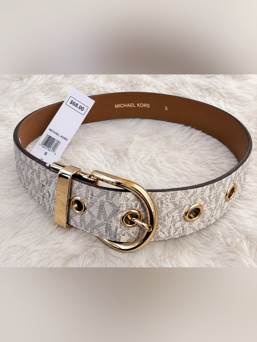 Michael Kors Cream Logo Grommet Belt with Gold Buckle